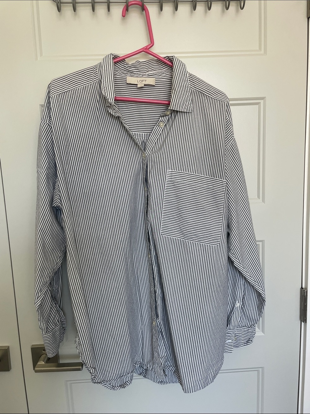LOFT Gray and White Striped Button-Down Shirt